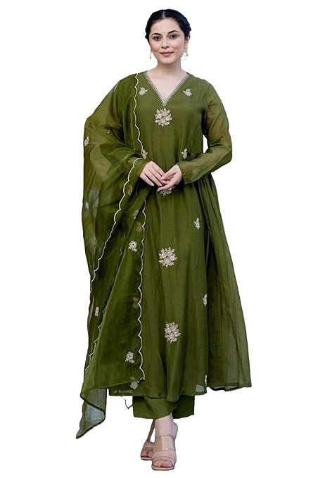 1-Green Nermosa Women Embroidery Solid Anarkali Kurta and Pant Set with Dupatta - Image 2