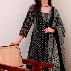 KLOSIA Women's Rayon Printed Anarkali Kurta and Pant with Dupatta Set - Black, M