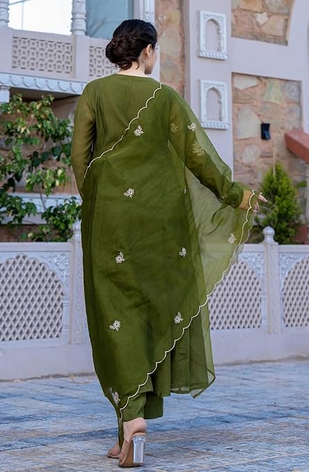 3-green Nermosa Women Embroidery Solid Anarkali Kurta and Pant Set with Dupatta - Image 3