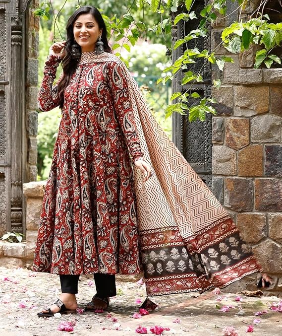 4-kal Nermosa Women Printed Anarkali Kurta and Pant Set with Dupatta - Image 4