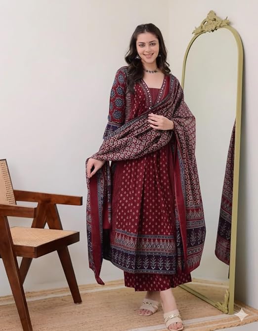 4-maroon KLOSIA Women's Rayon Printed Anarkali Kurta and Pant with Dupatta Set - Image 4